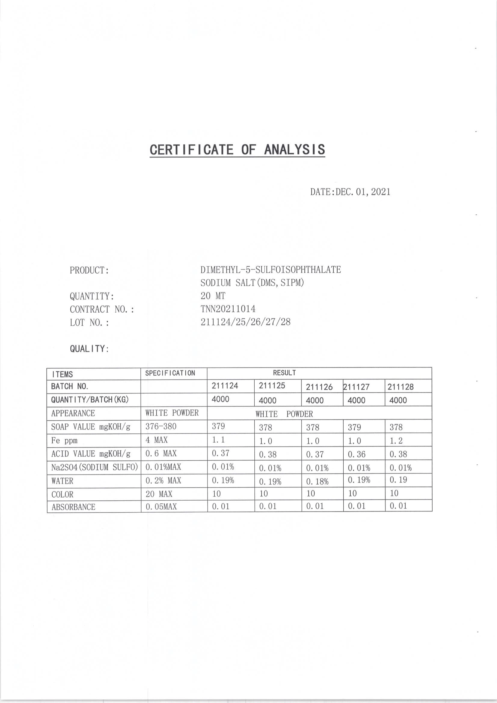 12.7  COA DMIS (DIMETHYL 5 SODIUM SULFO ISO-PHTHALATE)